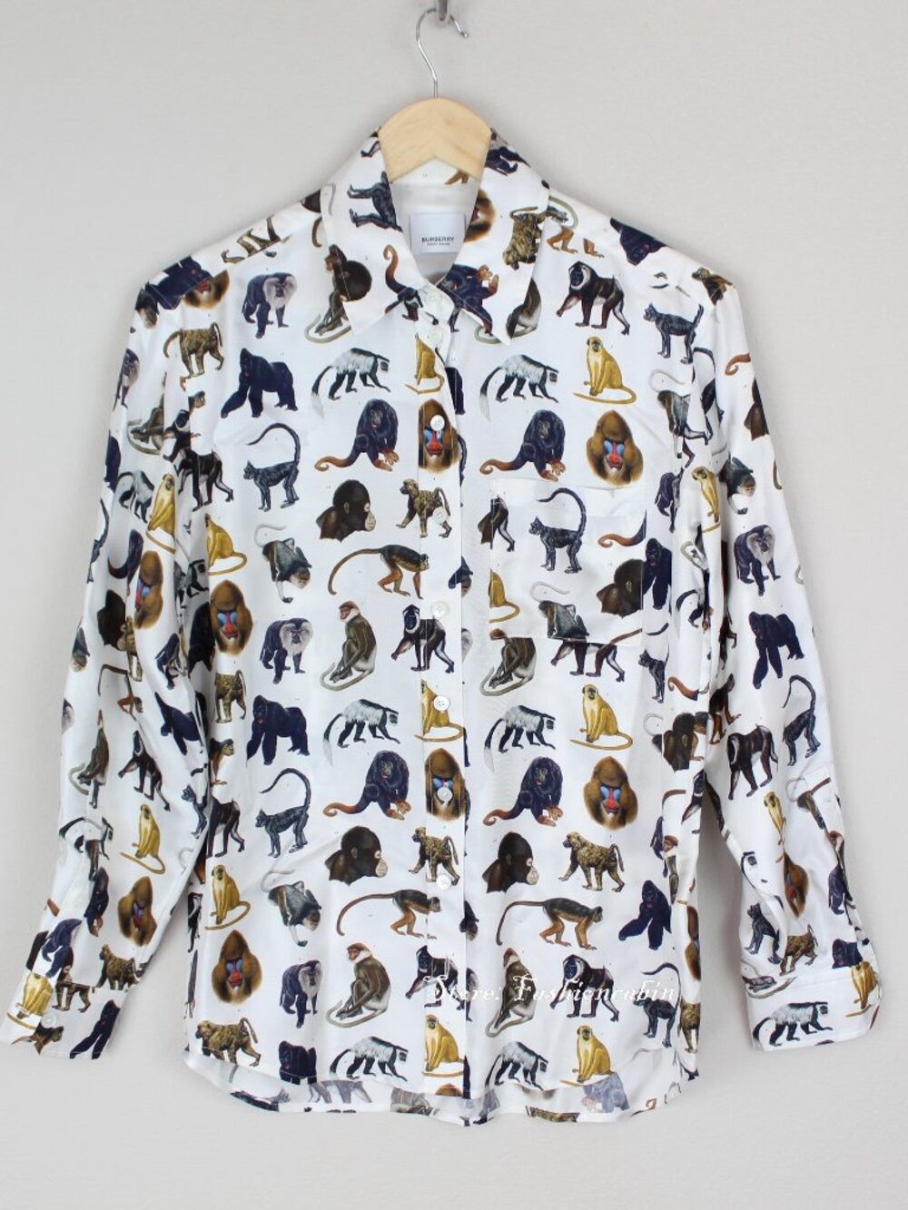 NWT Burberry Monkey Long Sleeve Curved Hem Silk Shirt, Optic White, US2/UK4